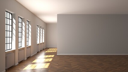 Light interior in loft style. Empty interior without furniture. Brick walls and wooden floor in the interior. 3d render illustration mock up.