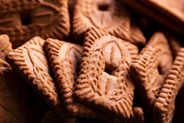 Obraz premium A close up of a pile of brown cookies called speculaas or speculoos in Belgium or the Netherlands. The spiced biscuit is very delicious and popular during the winter period to be eaten at any time.