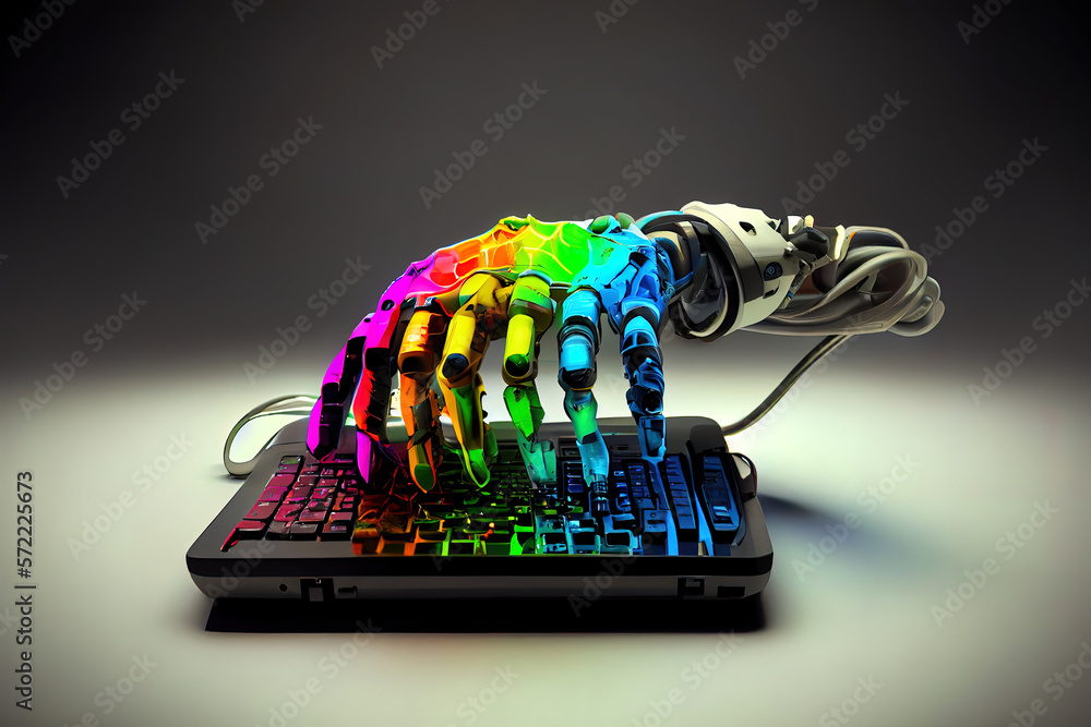 Poster robotic hand using a laptop computer. generative ai