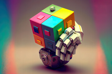 Obraz premium Robotic hand holding cube. Generative Ai