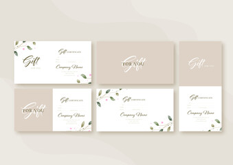 Gift voucher card template in rustic style, concept cover. Modern set discount coupon or certificate layout. Greenery Watercolor Floral Vector illustration.