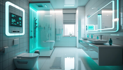 futuristic bathroom with smart assistant. generative ai - obrazy, fototapety, plakaty