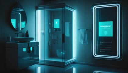 futuristic bathroom with smart assistant. generative ai