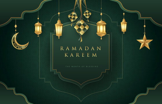 Ramadan Kareem design on green islamic background with gold ornament stars, moon, lanterns and ketupats. Suitable for raya and ramadan template concept.
