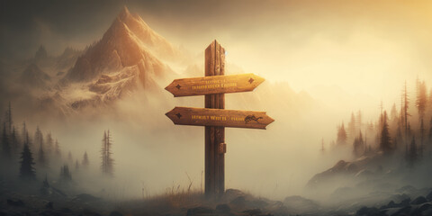 wooden signpost in the mountain at foggy morning. generative ai