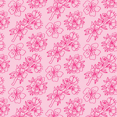 Vector seamless pattern with hand drawn twigs and sakura flowers on a white background. Cherry blossoms. wedding pattern, floral pattern for printing on fabric, clothing, wrapping paper.