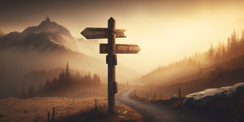 wooden signpost in the mountain with path. generative ai