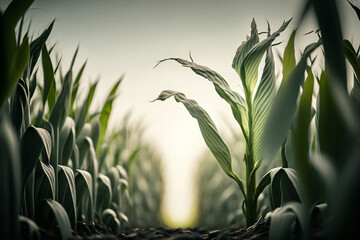 Fototapeta Corn field in the morning. Generative ai.  obraz