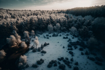 Drone shot of a forest winter landscape. Generative ai. 