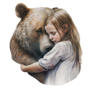 Watercolor bear and little girl hug. Transparent background. AI generated assisted finalized in Photoshop by me. Fictional character.