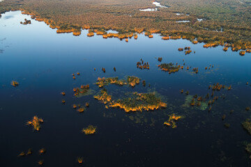 Sunrise over Comana Natural Park. Aerial view of this beautiful natural park with lakes birds and reed, landmarks of Romania. Amazing delta landscape.