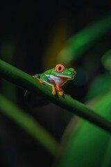 Wild green frog at night, with red eyes. From Costa Rica