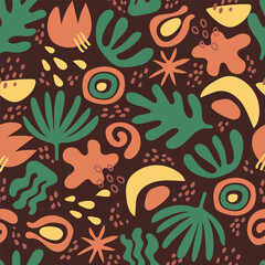 Seamless pattern with organic natural shapes. Abstract spots and dots on dark background in flat style. Fashionable motley pattern with colorful elements of nature drawn by hand. Vector illustration.