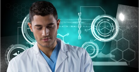 Composition of male doctor over screen with dna strand and medical data processing