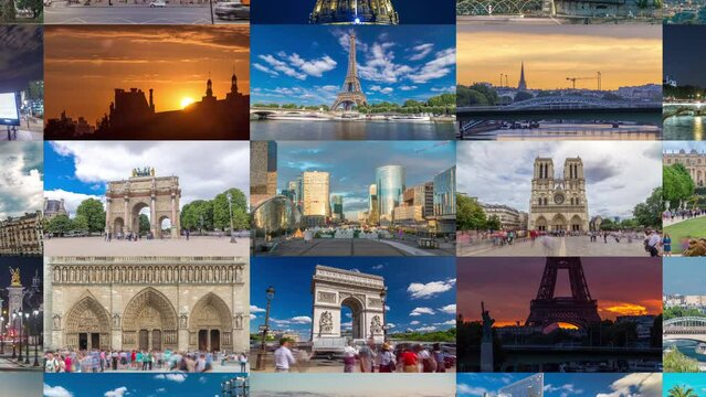 Multi Screen Collage of Paris timelapse hyperlapse, France. Collection of footage with the most famous parisian landmarks: Eiffel tower, Triumphal Arch, Notre Dame, defense skyscrapers zoom out