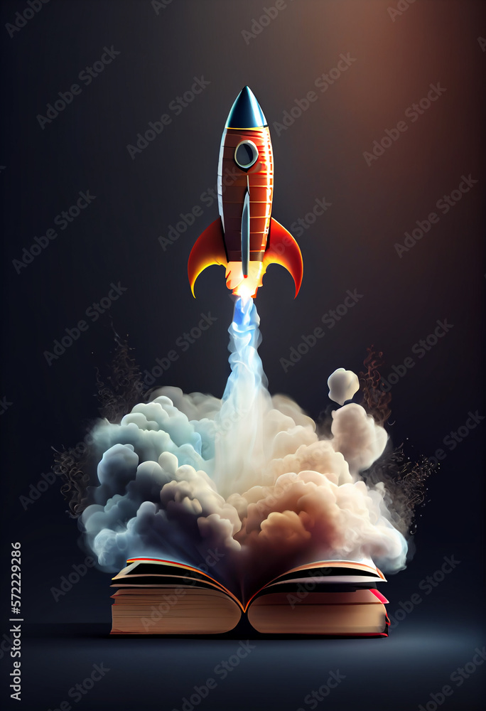 Poster beautiful abstract illustrations on a bokeh background, a toy rocket launches from the books and beg