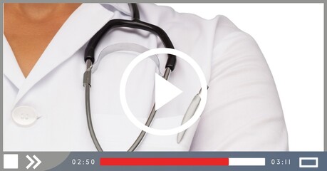 Composition of female doctor with stethoscope on shoulders on video playback interface screen