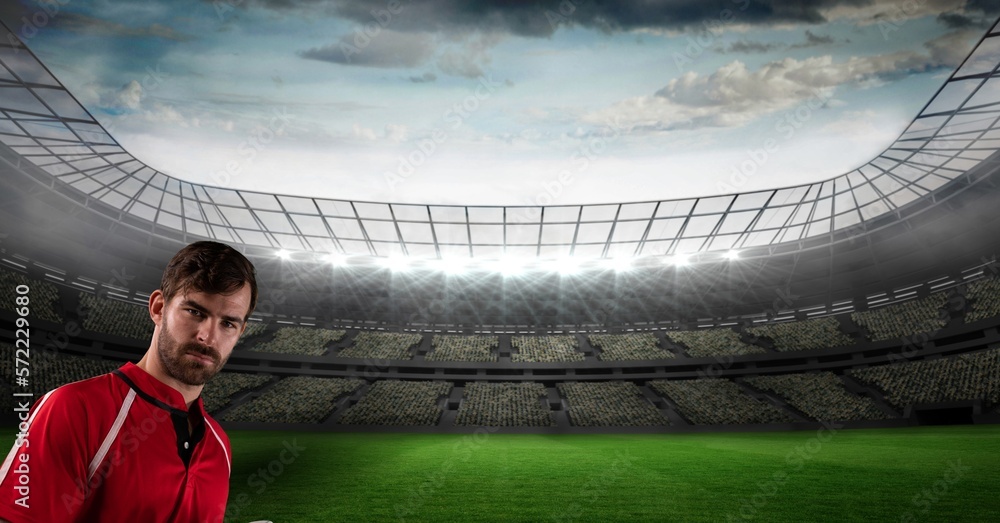 Canvas Prints Composition of portrait of sportsman over pitch in sports stadium with cloudy sky