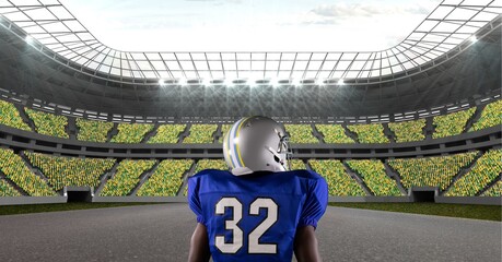 Composition of male american football player over sports stadium