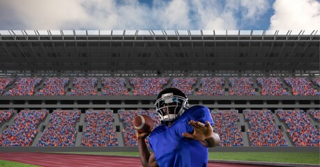 Composition of male american football player throwing ball over sports stadium