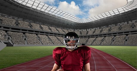 Composition of male american football player holding ball over sports stadium