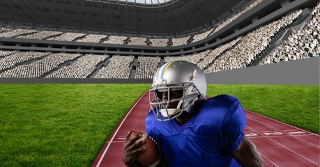 Composition of male american football player holding ball over sports stadium