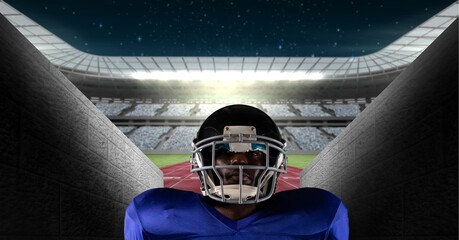 Composition of male american football player over sports stadium