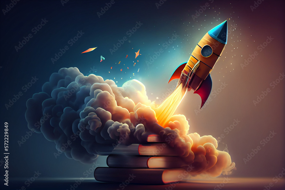 Poster beautiful abstract illustrations on a bokeh background, a toy rocket launches from the books and beg