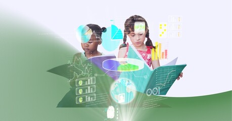 Data processing over two diverse school girls studying against green technology background
