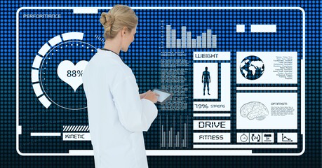 Caucasian female doctor using digital tablet against medical data processing on blue background