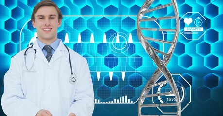 Portrait of caucasian male doctor smiling against dna structure medical data processing