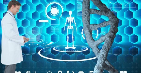 Dna structure against caucasian male doctor using digital tablet against medical data processing