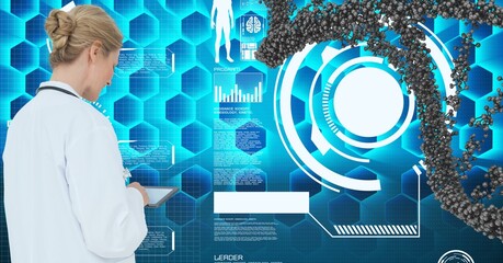 Dna structure against caucasian female doctor using digital tablet against medical data processing