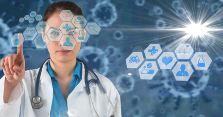 Medical icons against caucasian female doctor touching an invisible screen against blue background