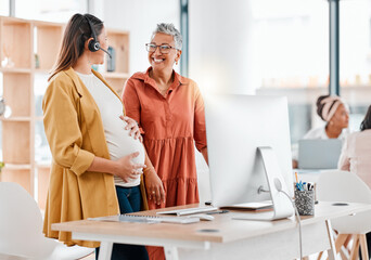 Call center, pregnant and teamwork of women in office or workplace for customer service. Pregnancy,...