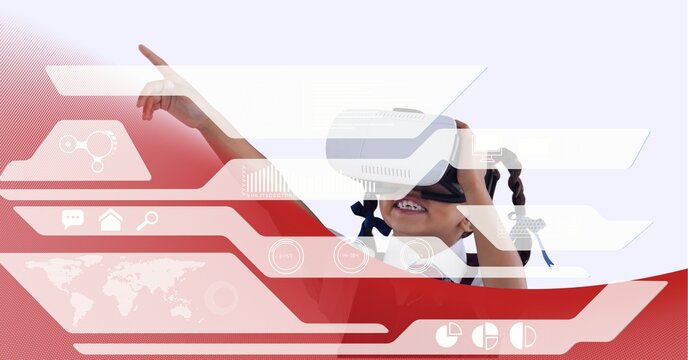 Data processing over school girl wearing vr headset against red technology background
