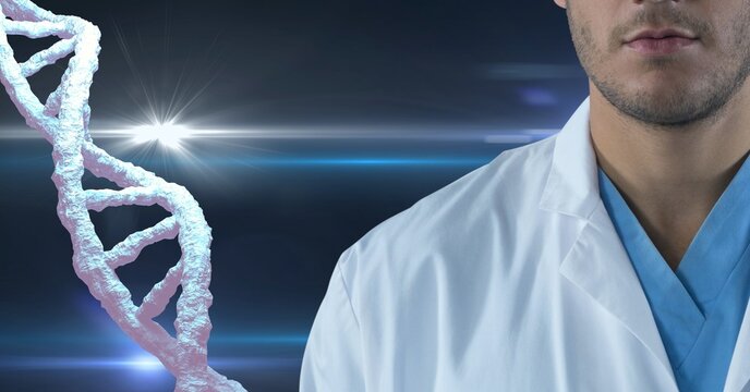 Mid section of caucasian male doctor against dna structure and light trails on blue background - Powered by Adobe