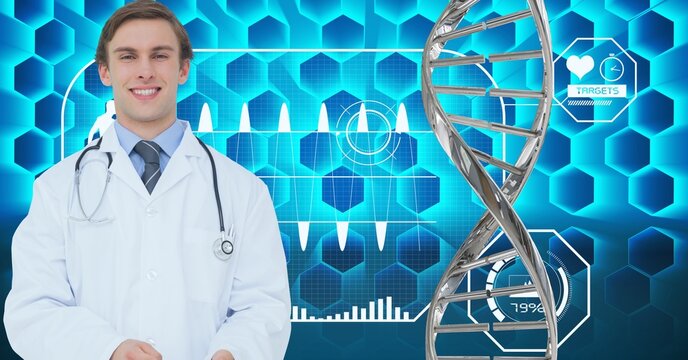 Portrait of caucasian male doctor smiling against dna structure medical data processing