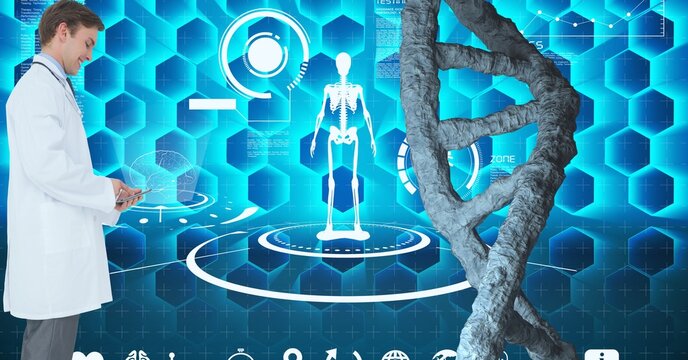 Dna structure against caucasian male doctor using digital tablet against medical data processing