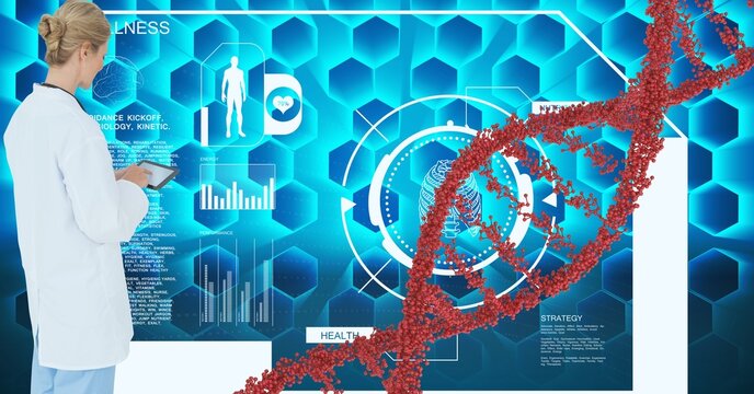 Dna structure against caucasian female doctor using digital tablet against medical data processing