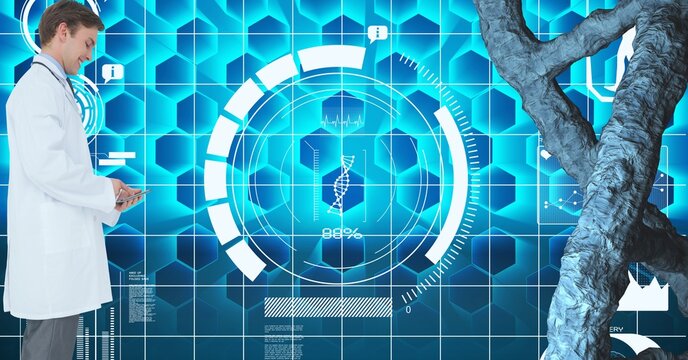 Dna structure against caucasian male doctor using digital tablet against medical data processing