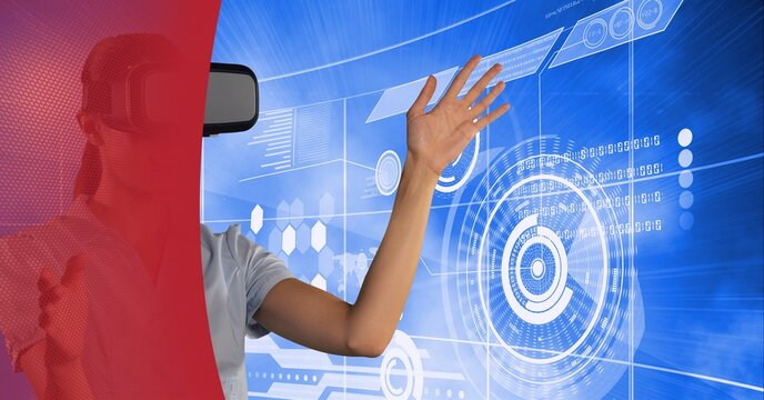 Data processing over caucasian woman wearing vr headset against red technology background