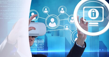 Composition of digital icons with businesswoman wearing vr headset
