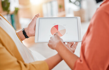 Hands, teamwork and tablet data with pie chart in office for marketing, advertising or analysis. Collaboration, digital technology and business women with touchscreen graph for sales growth analytics