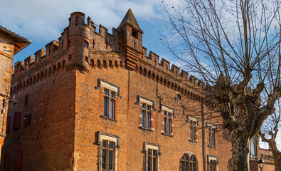 Pink brick castle in Rabastens, in the Tarn, in Occitanie, France