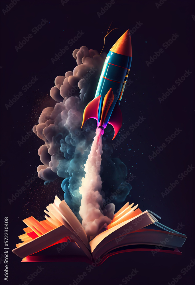 Aufkleber beautiful abstract illustrations on a bokeh background, a toy rocket launches from the books and beg
