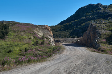 Winding dirt road in a mountainous area under a summer cloudy sky