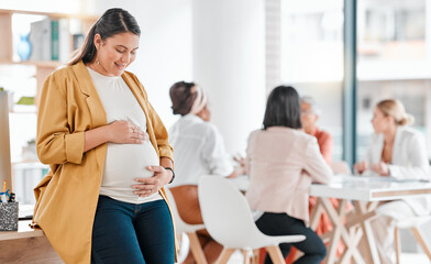 Obraz na płótnie Canvas Pregnant, stomach and business woman in office workplace feeling love, happy and hope for baby. Pregnancy, maternity and employee or mother touch belly with care, affection and excited for childbirth