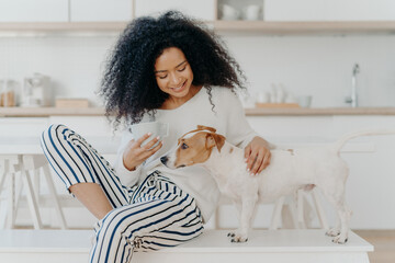 Lovely African American woman has coffee break, petting pedigree dog, sits on comfortable white...