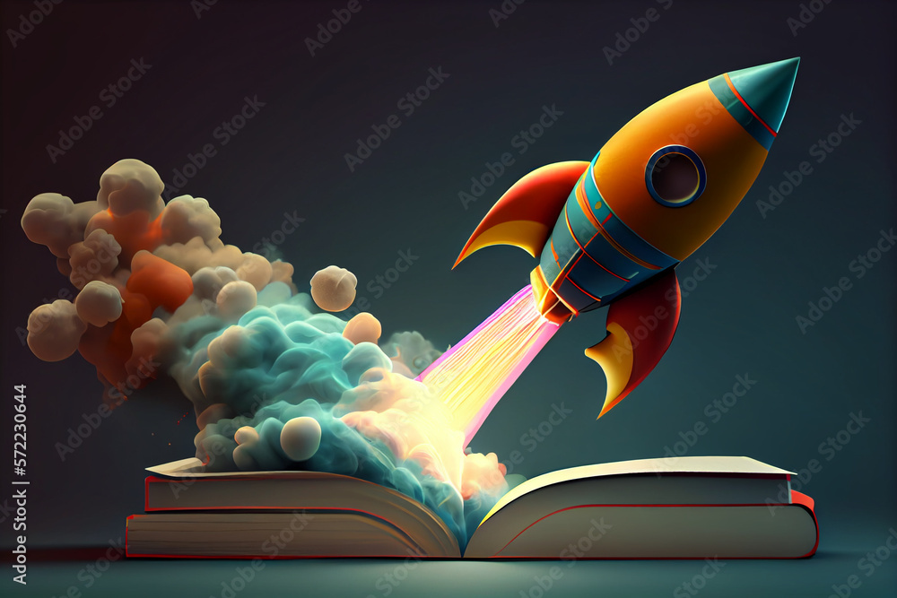 Poster beautiful abstract illustrations on a bokeh background, a toy rocket launches from the books and beg
